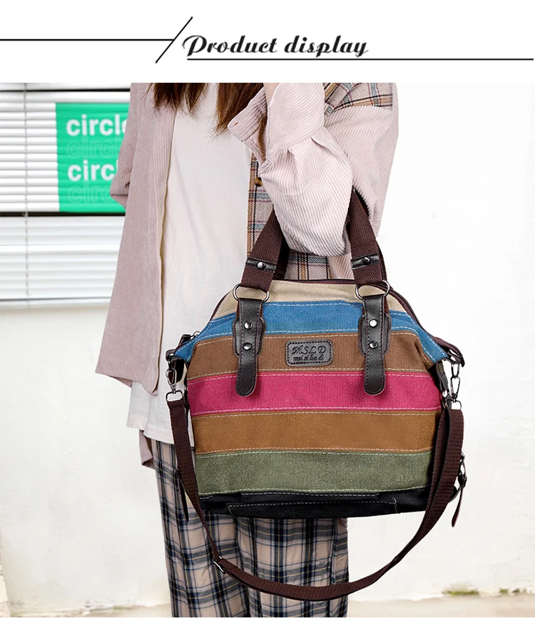 Hot Sell Ladies Fashion Handbag Patchwork Rainbow One Shoulder Canvas