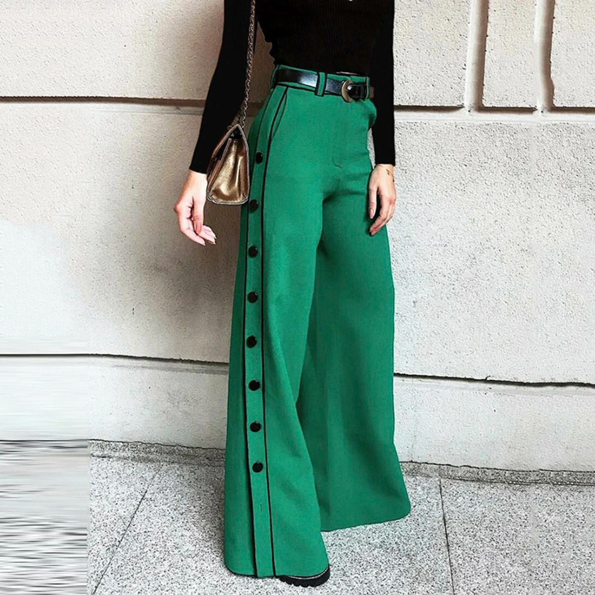 Uslemon Urban Female Fashion Button Zipper High Waist Wide Leg H-Line Pants Spring Autumn Causal Green Trousers Women New
