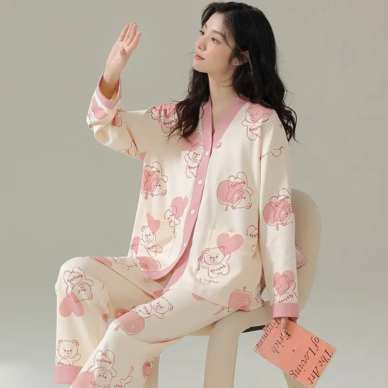 Spring Autumn Women's Thin Pure Cotton Pajamas V-neck Long Sleeve Cardigan Breathable Home Clothing Set Cartoon Cute Sleepwear