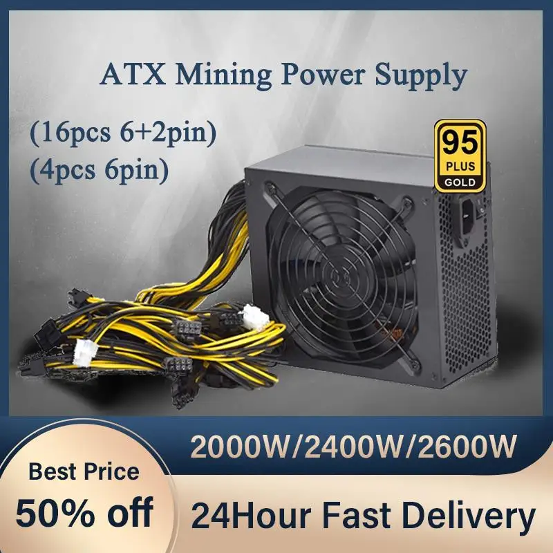 

Top 2600W ATX ETH Mining Power Supply For Mining Bitcoin 160V-240V 95% E Supports 8 Card Platform 16 8P Ports 4U Single