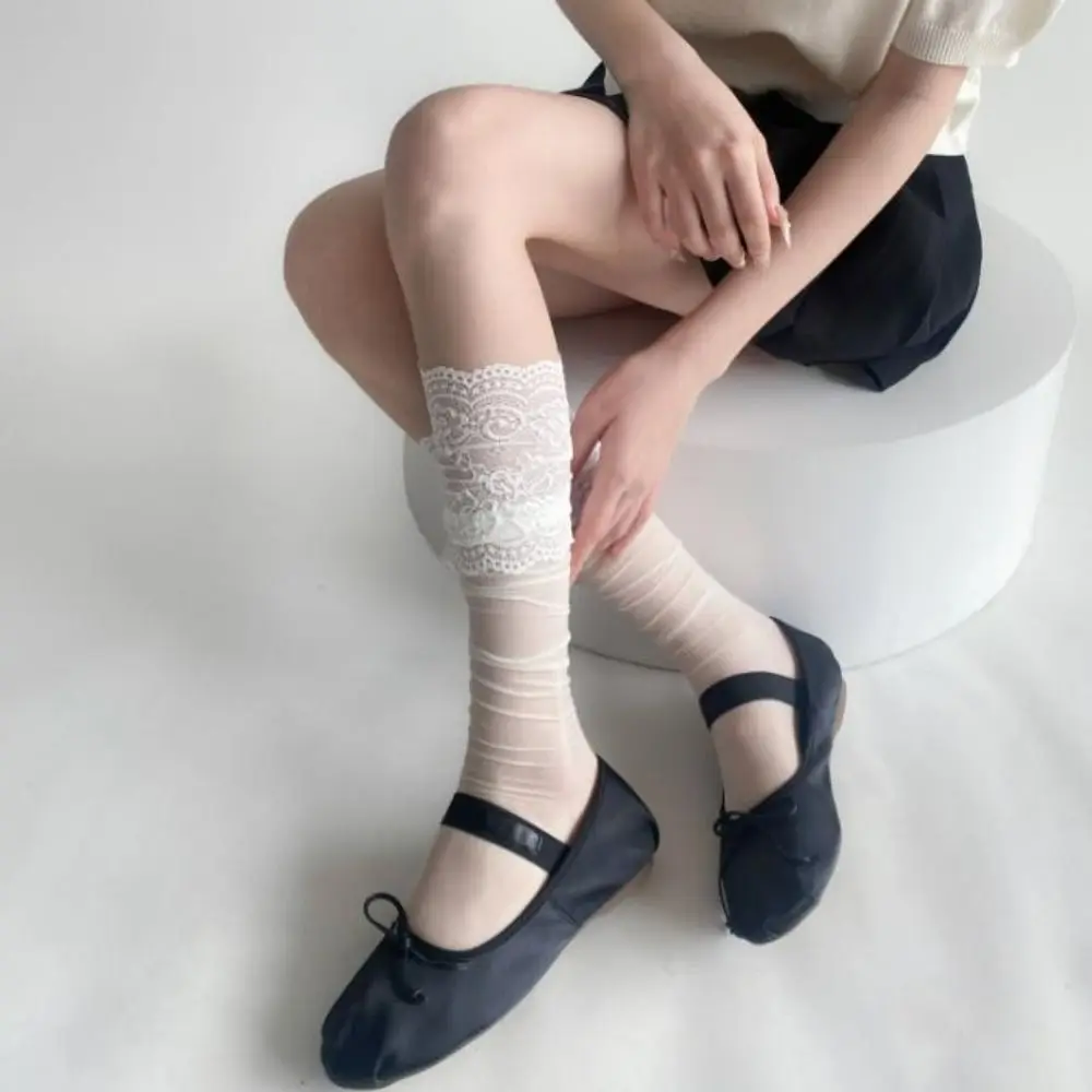 Spitzen-Rüschenstrümpfe mit Blumenmuster, durchsichtige Spitzen-Rüschenstrümpfe, lange Socken, ultradünne, transparente Kniestrümpfe für süße Mädchen – Detail 7