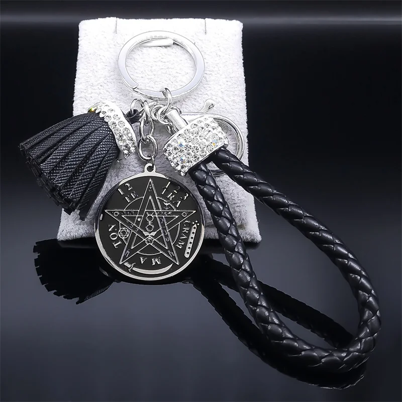Hexerei Tetra gramm aton Pentagramm Edelstahl Schlüssel ring Kette Auto Schlüssel ring hängen Schmuck Wicca Penta cle Schmuck k948s06