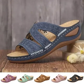 2024 Summer Women Wedge Sandals Premium Orthopedic Open Toe Sandals Vintage Anti-slip Leather Casual Female Platform Retro Shoes 1