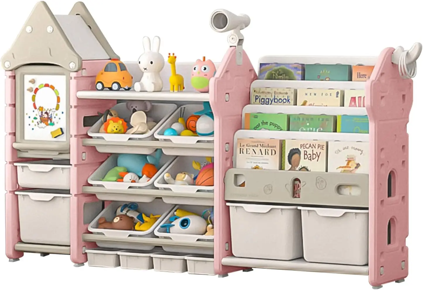 Kids Toy Organizer with 14 Bins & Bookshelf – Magic Castle Pink 1
