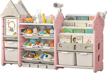 Kids Toy Organizer with 14 Bins & Bookshelf – Magic Castle Pink 1