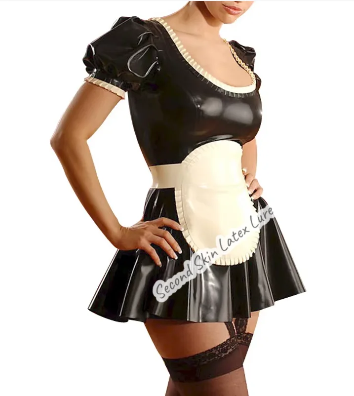 Black And White Short Puff Sleeves Sexy French Maid Latex Dress With Apron Rubber Uniform Bodycon Playsuit