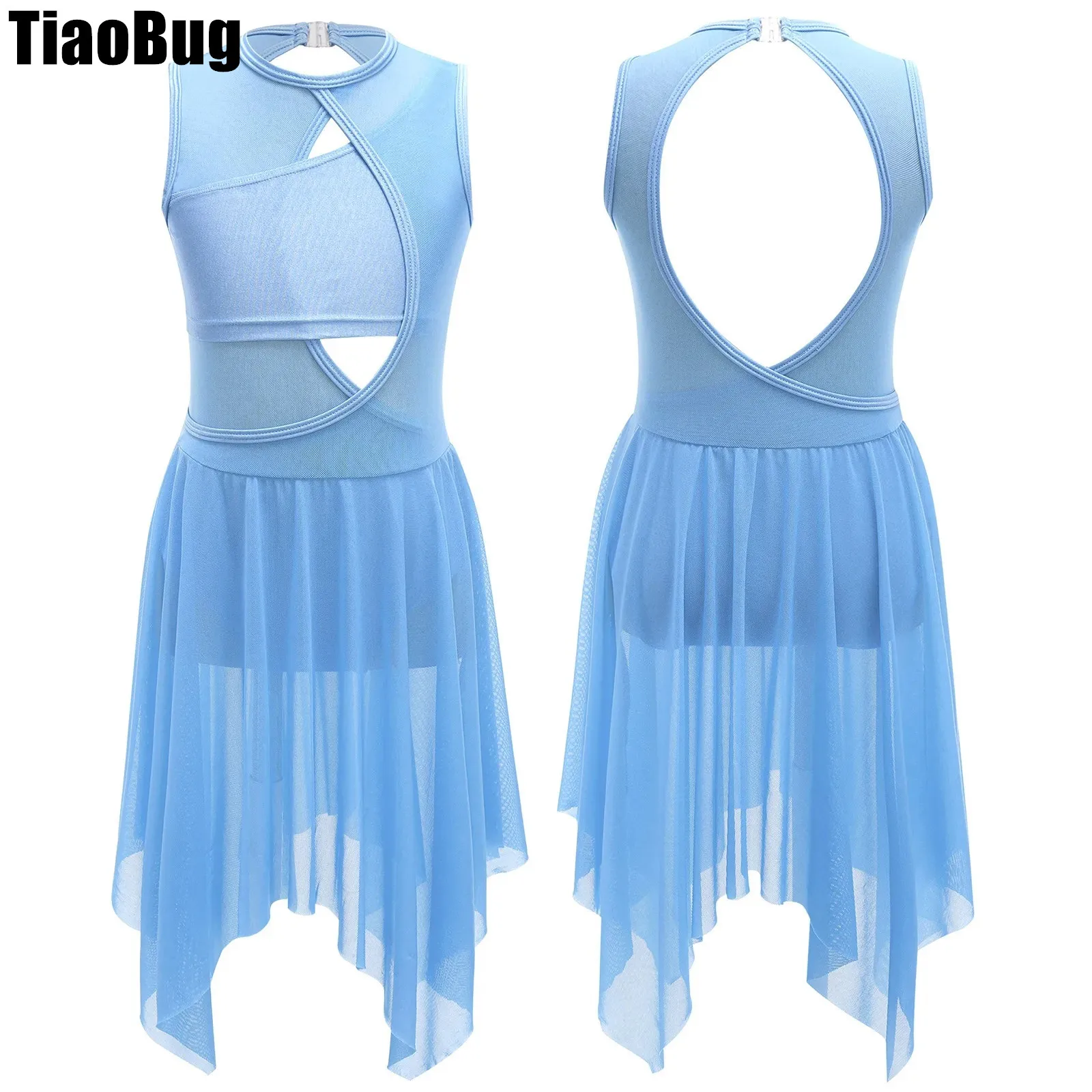 

Kids Girls Criss Cross Dance Dress Hollow Spandex Mesh Sleeveless Round Neckline Patchwork Backless Stylish Clothing