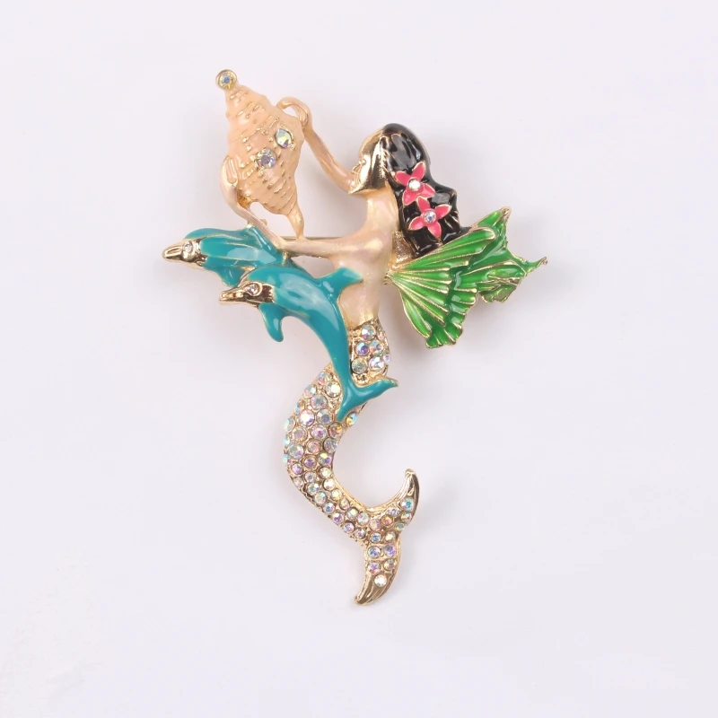 

European And American Style High-End Mermaid Three-Dimensional Colored Glaze Diamond Conch Fairy Brooch