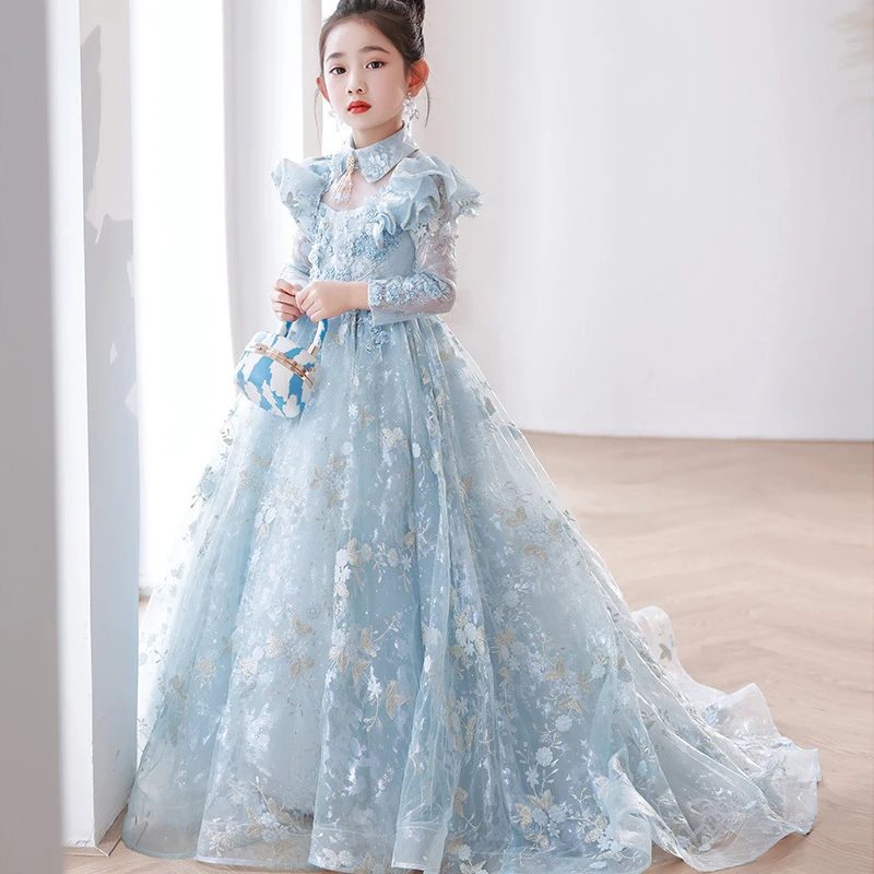 Kids Light Blue Embroidered Dresses for Girls Wedding Elegant Party  Birthday Dress Cute Child Luxury Pageant Long Evening Gowns - AliExpress