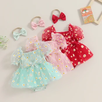 Pudcoco Infant Newborn Baby Girl 2Pcs Summer Outfits Short Puff Sleeve Daisy Print Romper Tulle Dress with Headband Set 0-18M