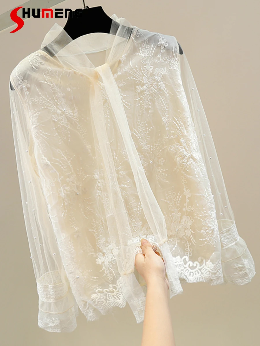 

Fashionable New Beaded Lace-up Flower Embroidery Long Sleeves Pullover Shirt Women's Elegant All-Match Tops Women's Clothes