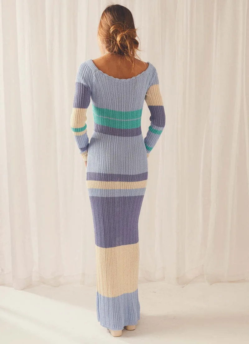 Hollow Out Knitwear Striped Maxi Dress For Women Contrast High Waist Long Sleeve Elegant Holiday Autumn Long Dress Female