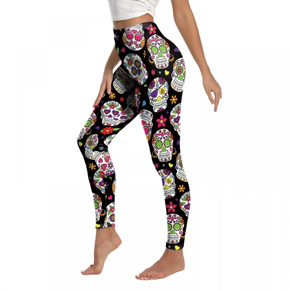 Nadanbao Halloween-Leggings mit Blumen- und Totenkopf-Motiv, Damen-Hosen mit hoher Taille, weiche, elastische Hosen, Hosen für den Tag der Toten. – Detail 10