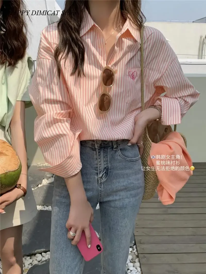 Female Shirts Chic Casual Office Lady Pink Striped Embroidery Women Shirt Spring New Drop Sleeves Single Breasted Fashion sweet academy letter shirt top strap skirt two piece set women bubble sleeves lapel spicy girl slim summer chic female lady suit