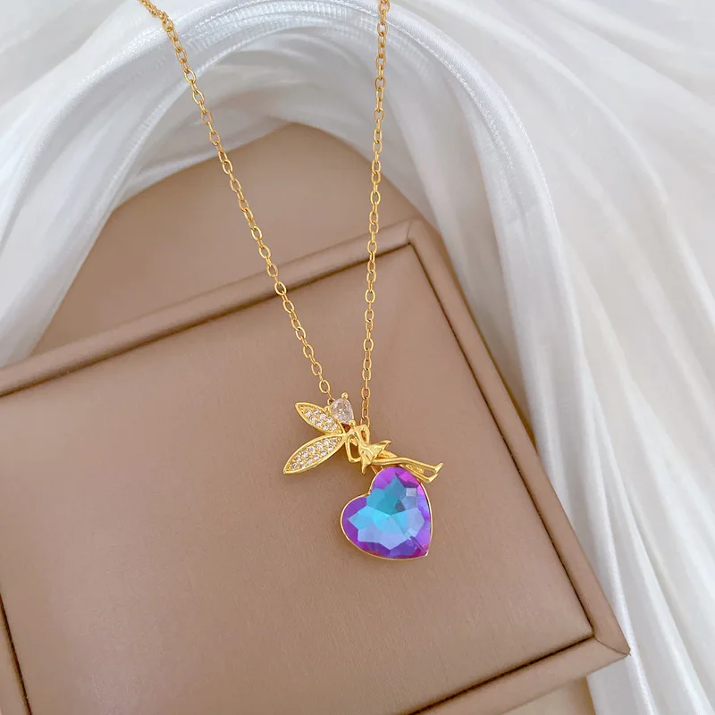 DIEYURO 316L Stainless Steel Angel Shine Heart Love Pendant