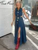 Denim Women Dress | Sleeveless Turndown Collar Side Split Jeans Long Dress