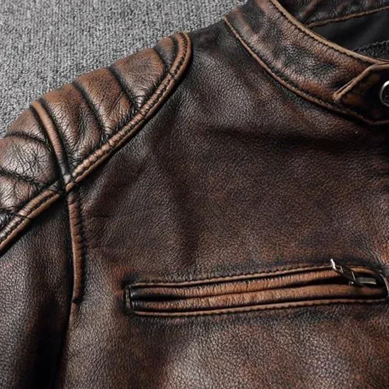 Vintage Real Cowhide Leather Jacket for Men Motorcycle