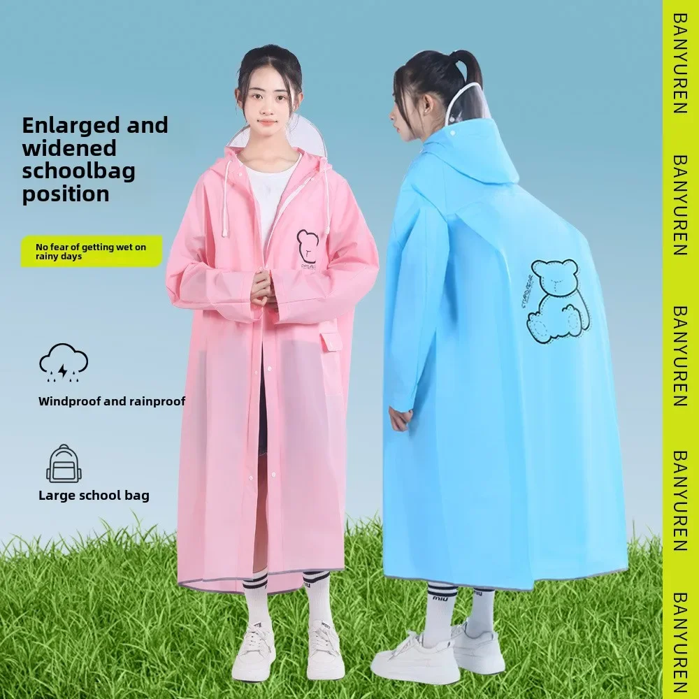 Children's one-piece raincoat with schoolbag space, double brims, for primary/older kids in heavy rain
