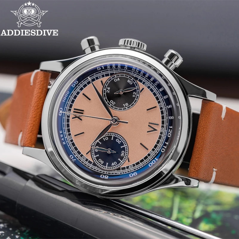 ADDIESDIVE Men watches Quartz Wristwatch Sport waterproof 100m Chronograph AR Coating VK64 Movement Retro Leather Watch New 2