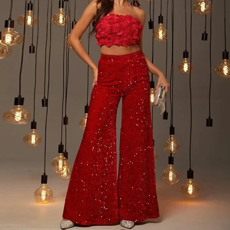 Shiny high waisted slimming wide leg pants for women's fashionable elastic high waisted pants for party casual street wear YDL28