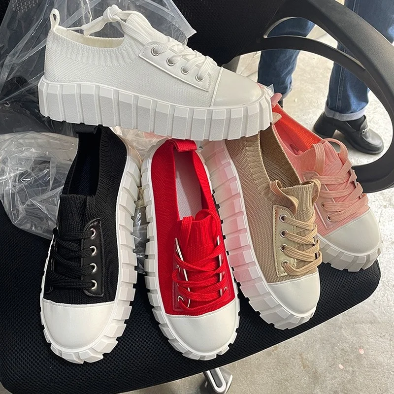 2022 New Spring Platform Sneakers Women Casual Breathable Sport Shoes Lace-up Loafers Ladies Red Sneakers Outdoor Running Shoes