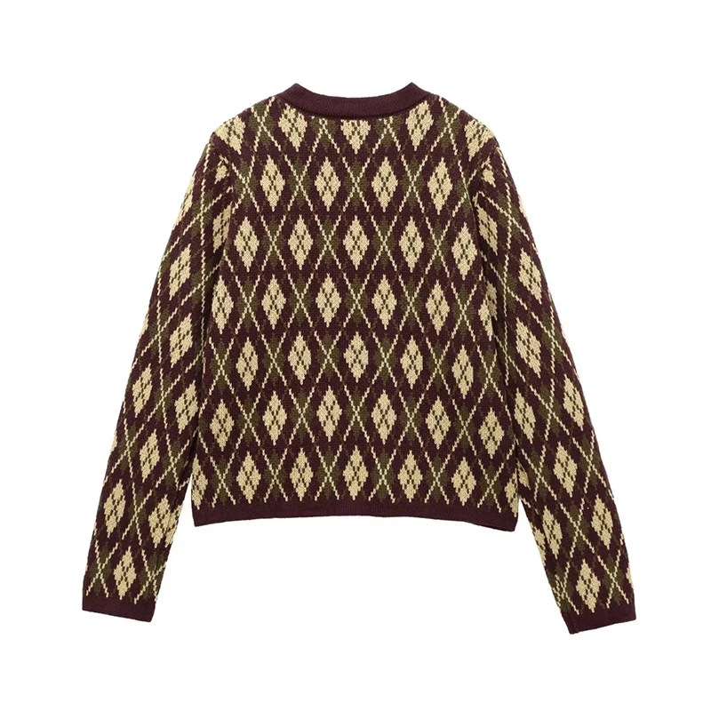 Plaid Knitted Slim Cardigan Women Autumn O-neck Long Sleeve Metal Button Short Sweater Coat Lady All-matching Knitwear New