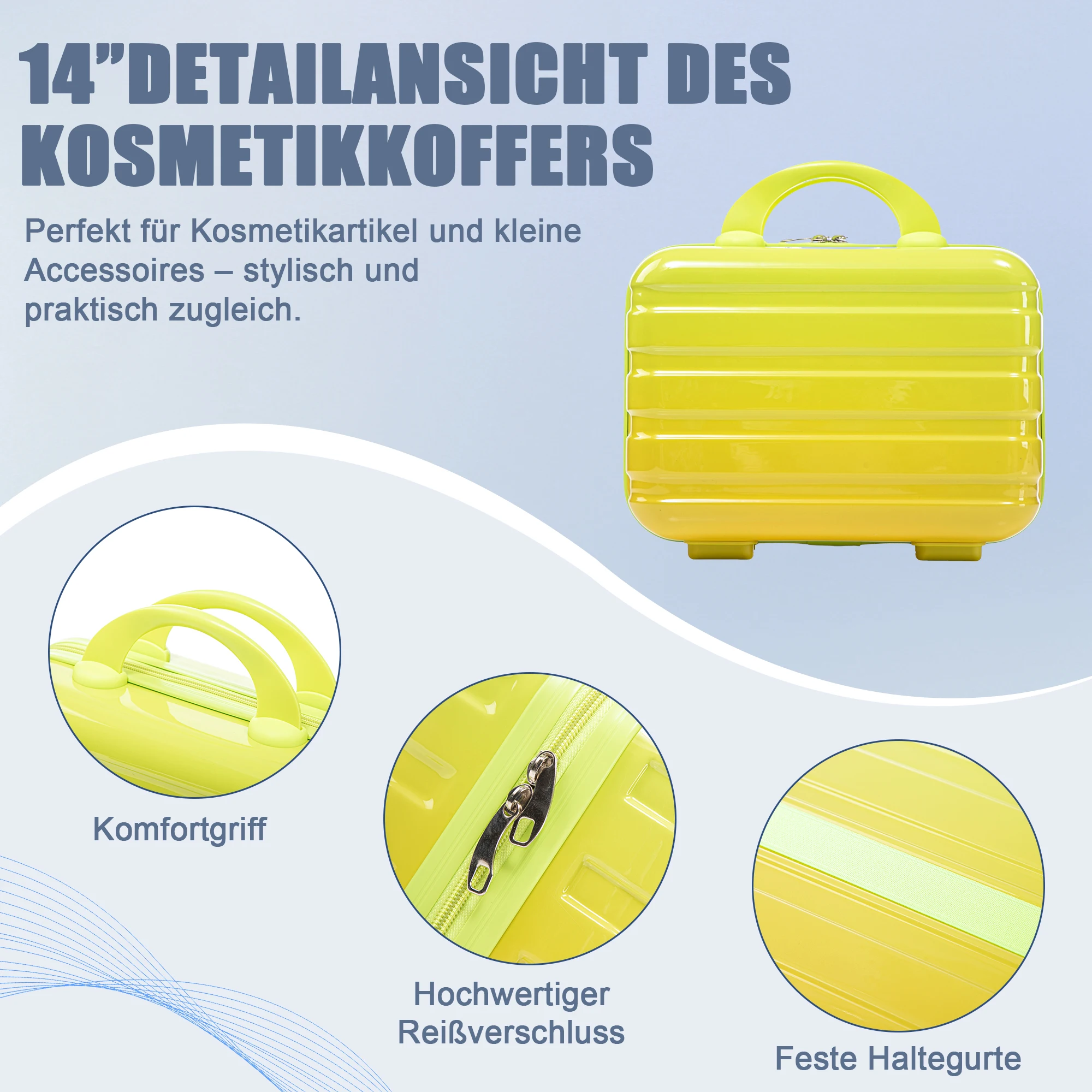 14"/20"/24"/28" 4-teiliges PC-Spinner-Kofferset - mit Seitengriffen, Schutzfüßen, integriertem Zahlenschloss & 14-Zoll-Kosmetiktasche – Detail 7