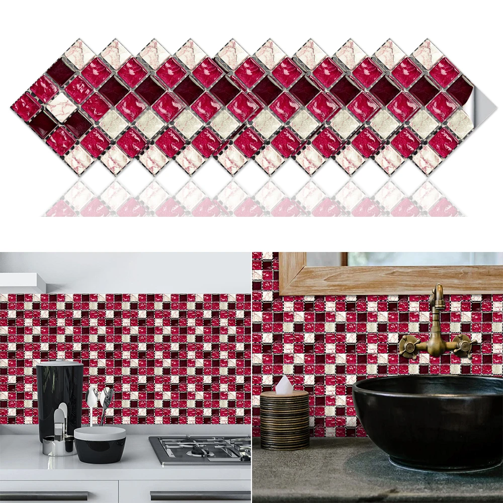 Flat Mosaic Style Tiles Sticker Kitchen Bathroom Waterproof Oilproof Art Wall Sticker Peel & Stick Surface Glossy Film 10pcs
