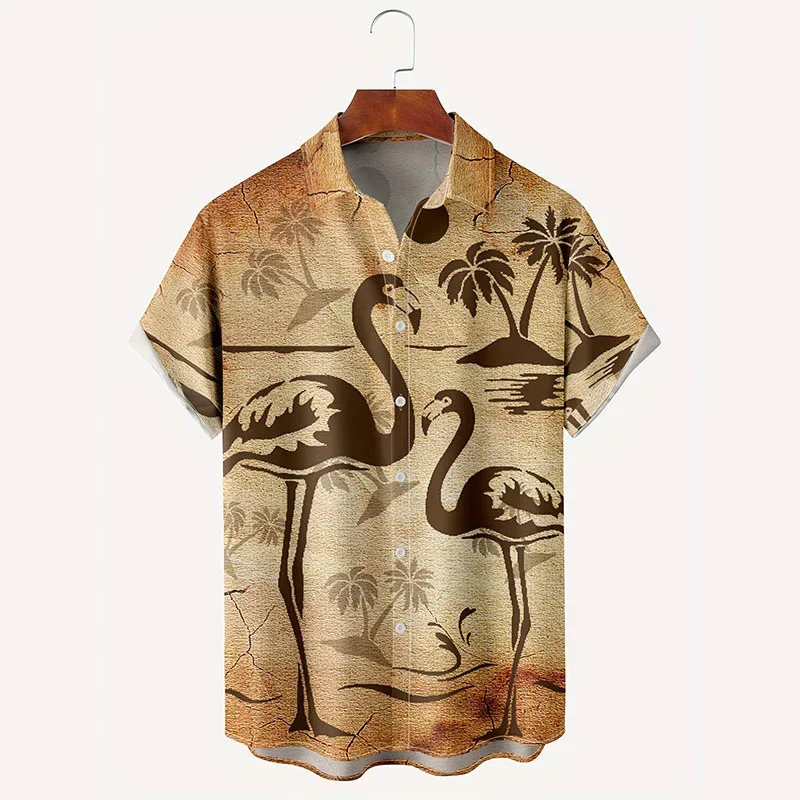 

Мужская гавайская рубашка, Пляжная рубашка с 3D-принтом фламинго, пальмы, с коротким рукавом, Алоха, летняя модная повседневная Свободная рубашка