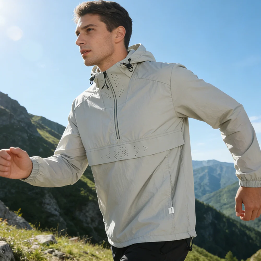 Spring Summer Men Lightweight Anorak Jacket Fashion Man Half Zip Sunscreen Hooded Coats Men UPF50+ Windbreaker Waterproof Jacket