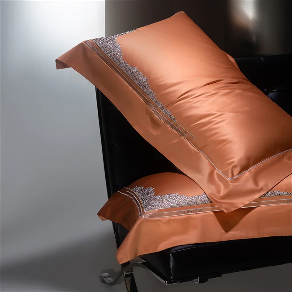 Svetanya Orange Egyptian Cotton Satin Jacquard Embroidery bedding set King Queen Bed Lines Elastic Sheet Pillowcase Duvet Cover - Image 3