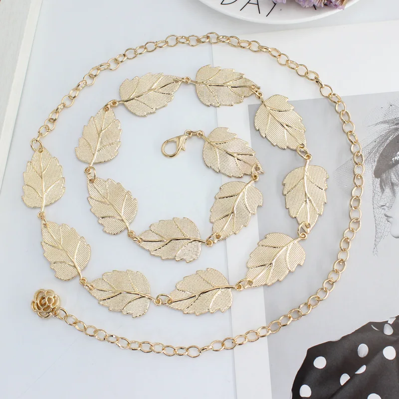 New Leaf Shaped Hollow Out Chain Belt for Women Elegant Gold Silver Metal Ladies Waistband Fashion Dress Waist Band Wedding Gift