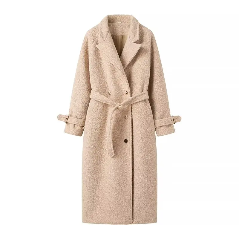 

SLTNX TRAF Wool Blend Coat for Women 2024 Winter Thick Warm Long Coats Female Chic Double-breasted with Belts New Outerwear