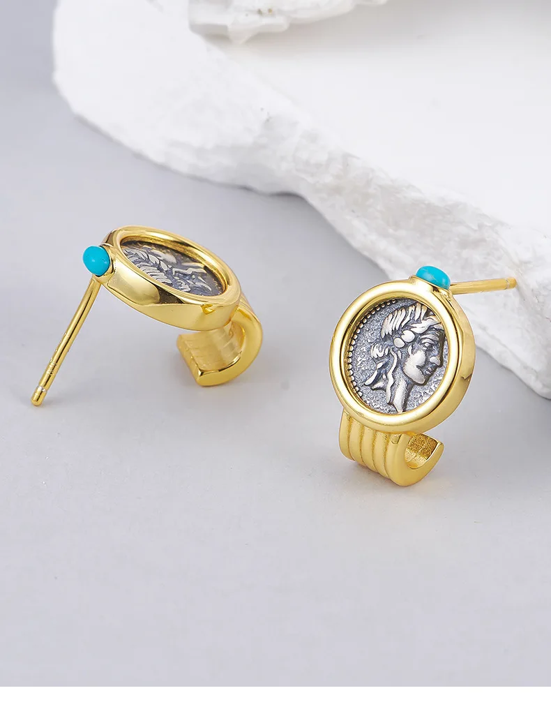 Silver Two Tone Double Sided Relief Portrait Stud Earrings