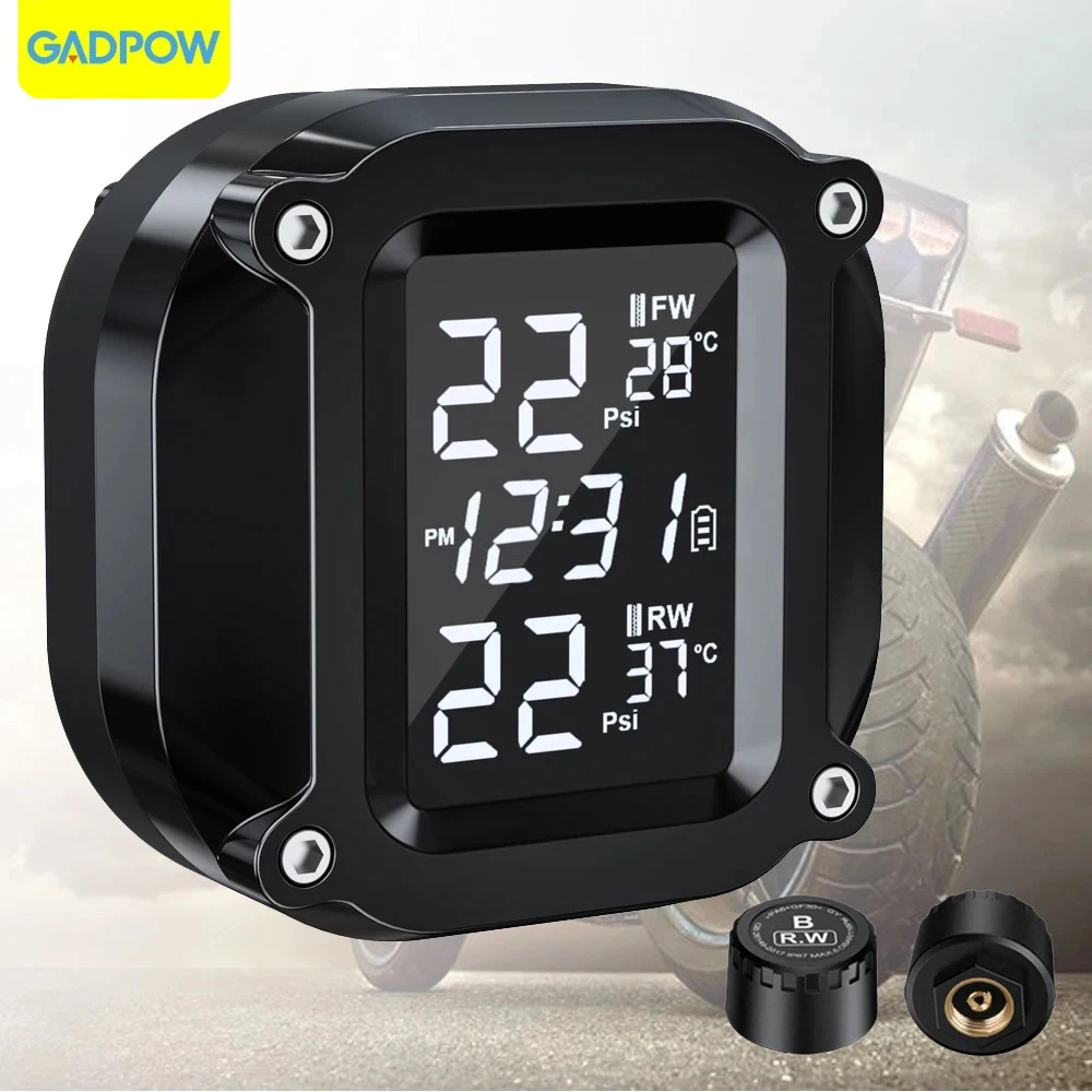 Gadpow Motorcycle TPMS Wireless LCD Tire Pressure Monitoring System Colorful Display Solar Tyre Temperature Alarm System motorcycle tire pressure monitor