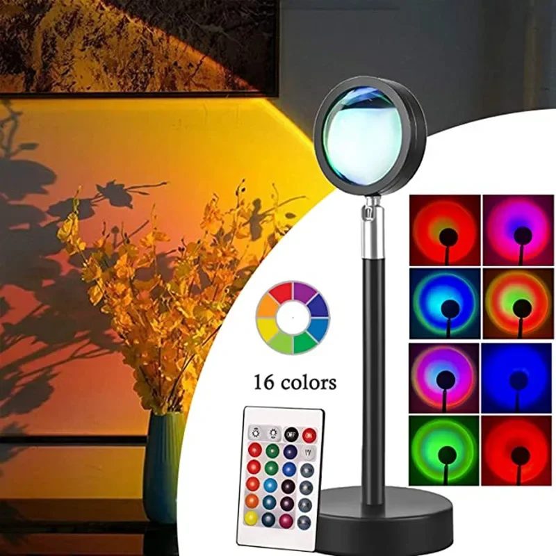 RGB 밝기 조절 180 도 회전 리모컨 USB 플러그인 LED 레인보우 일출 일몰 헤일로 프로젝터 라이트, 16 색