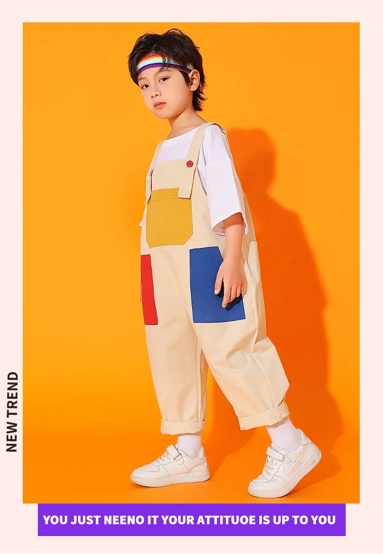 Boys Hip Hop Colored T-shirt Loose Contrast Overalls Girls Patchwork Dungaree Child Jumpsuit Street Dance Romper Kids Streetwear