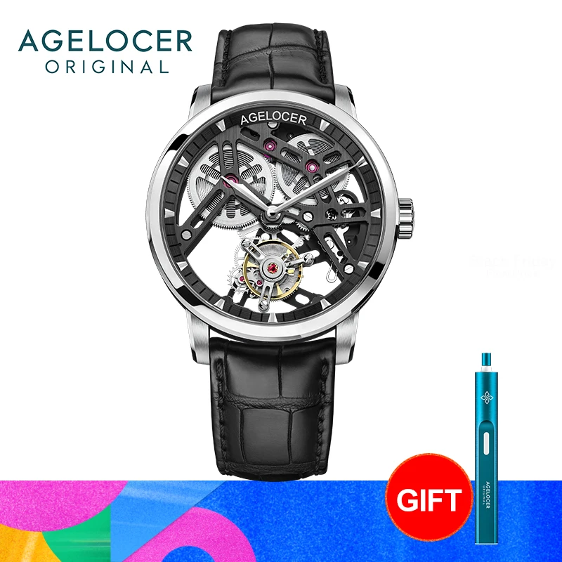 AGELOCER Original Tourbillon Watch Men's Business Formal Luxury Skeleton Manual Mechanical Watch Birthday Gift for Men