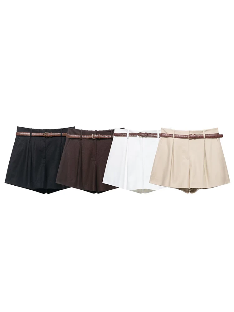 TFMLN Women Summer Casual Shorts Elegant High Waist Straight Short Pants With Belt Spring New Solid Simple Commuting Clothes 1