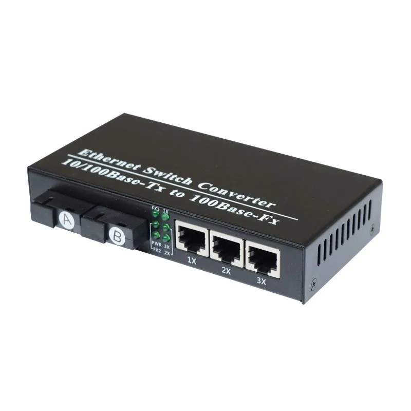 Fiber Media Converter, Fiber Optical Converter, Ethernet Switch, 2 SC Port, 3 RJ45, 10 m, 100m, 20km