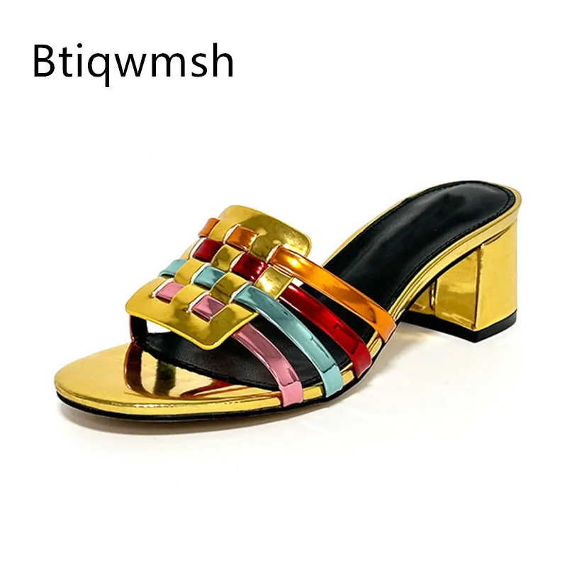 

Gold Luxury Weave Mules Shoes Woman Open Toe High Heels Slippers Lady Sexy Gladiator Sandals