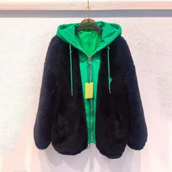 Real Sheep Wool Women Coat Winter 2022 New Fashion Regular Length Thick Warm Splicing Style Clothes Hooded High Quality
