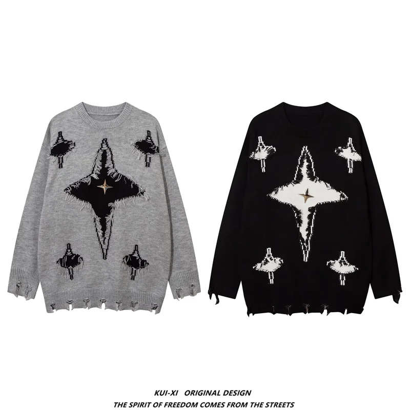 Description Picture 3 of itemAutumn Winter Niche Metal Star Tassel Hole Sweater Men's Loose Casual High Street Sweaters Men Pullovers Male Clothes