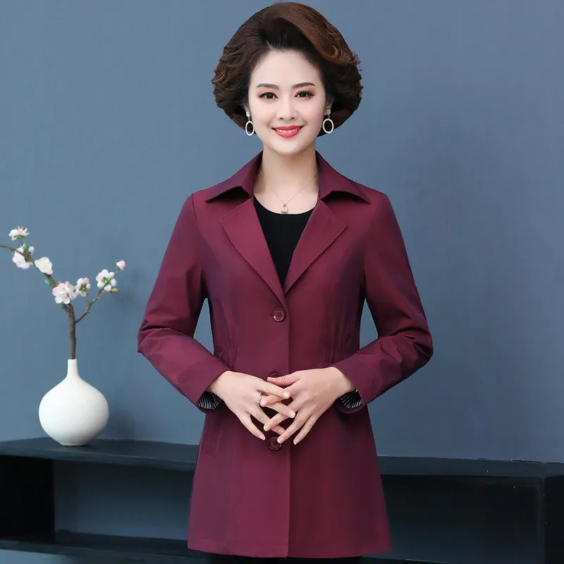 

Mom Windbreaker Women Mid-Length Spring Coat New Middle-Aged Jacket Autumn Elegant Single-Breasted Fashion Slim Overcoat G2079