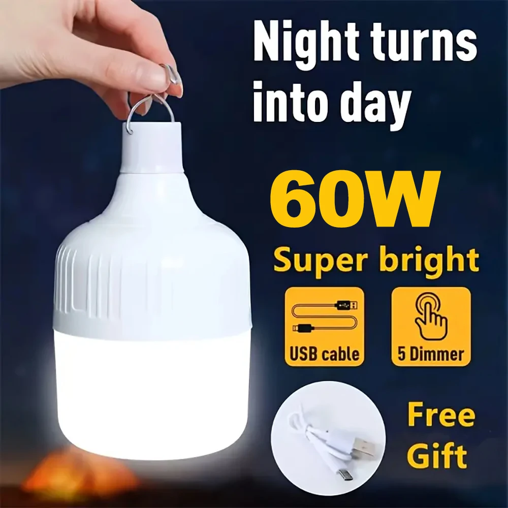 1PC Outdoor USB Rechargeable LED Lamp Bulbs 60W Emergency Light Hook Up Camping Fishing Portable Lantern Night Lights
