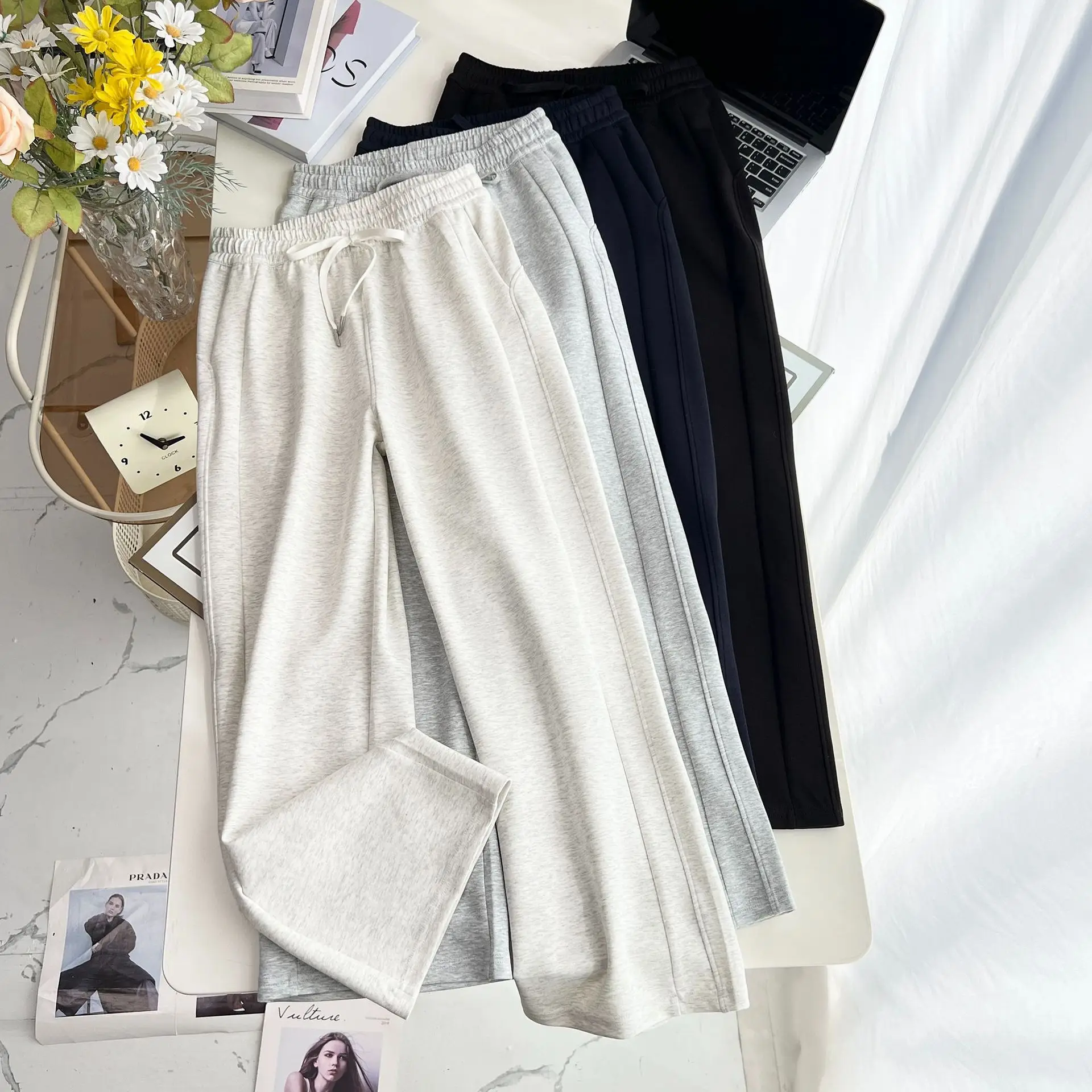 Fashion Plus Size Women's Wide Leg Pants Autumn New Style Simple Casual Drawstring Waist Full Length Trousers 8823