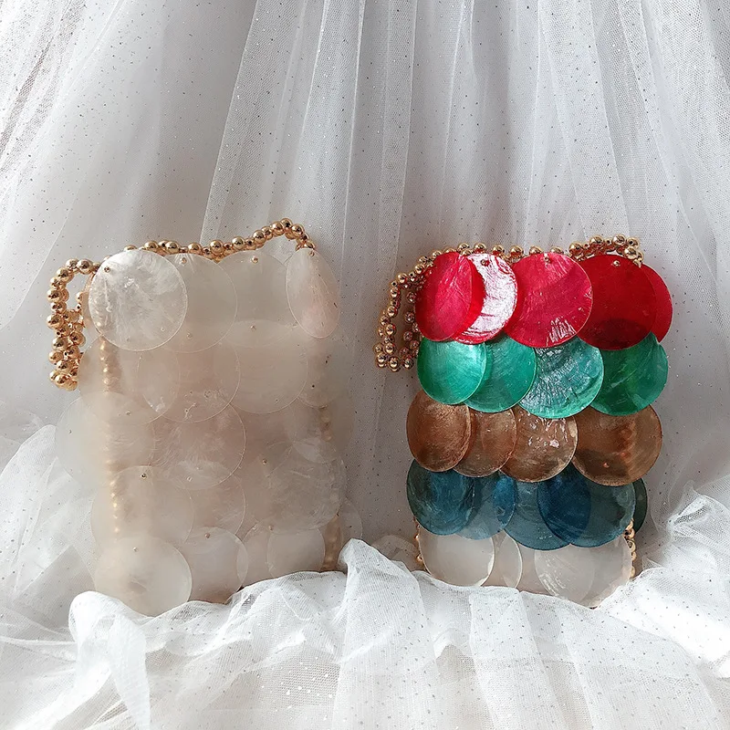 Fairy Shell Bag Natural Fritillary Piece Bag Sequin Hand Weaving Beaded Handbag Crossbody Phone Ladies Party Elegant