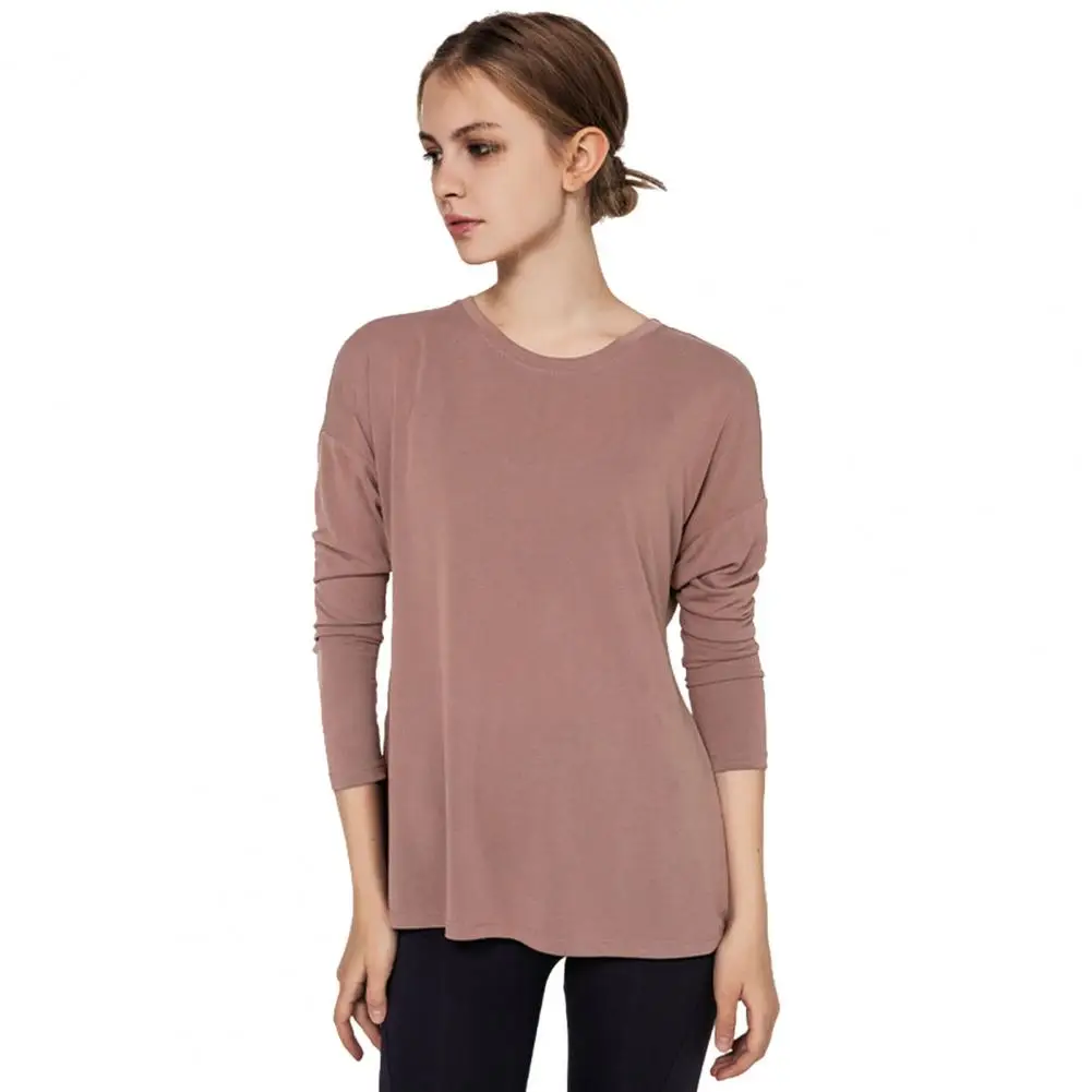 

Sports Top Solid Color Loose Long Sleeves Riding Quick Dry Round Neck Women Yoga T-shirt for Dancing