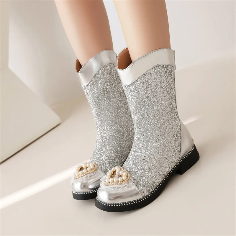 

YQBTDL 2022 String Bead Heart Shape Lolita Style Bling Sequins Ankle Boots for Ladies Low Heel Party Wedding Shoes Women Gold