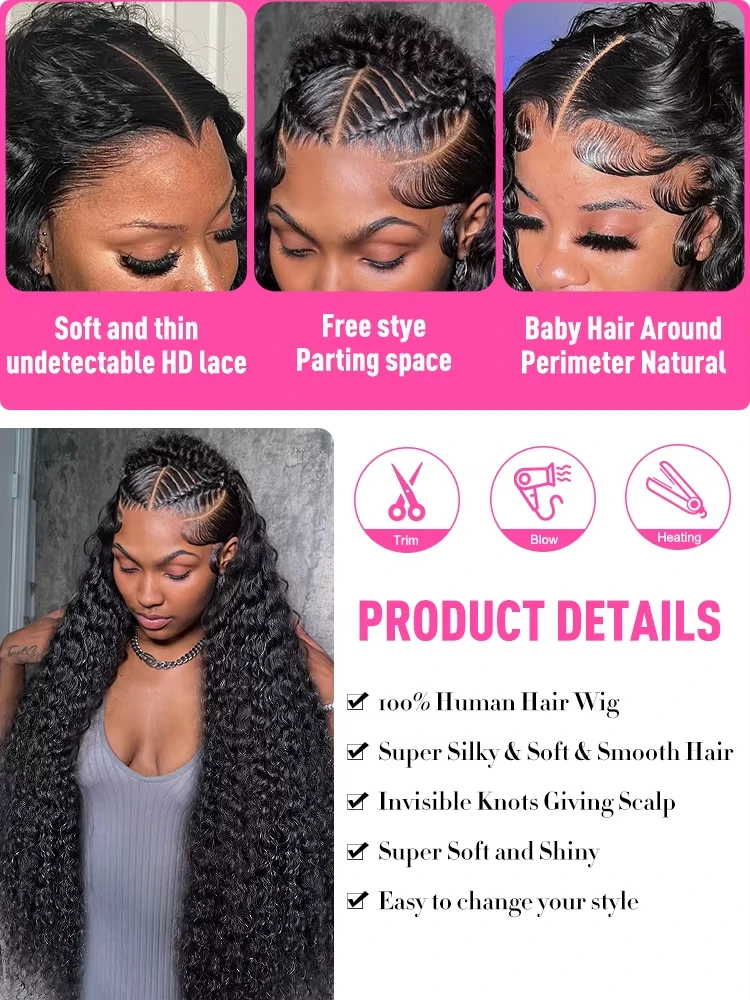 Density Deep Wave Frontal Wig 13x4 13x6 HD Curly Lace Front Human Hair Wigs Brazilian 5x5 Glueless Closure Wig For Women 30 Inch